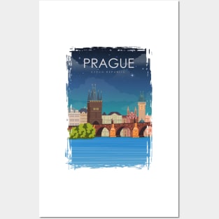 Prague Czech Republic Bridge Vintage Minimal Retro Travel Poster Posters and Art